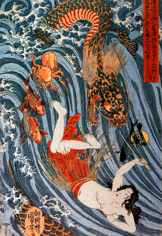Princess Tamatori steals dragon god's tide jewels van Utagawa Kuniyoshi