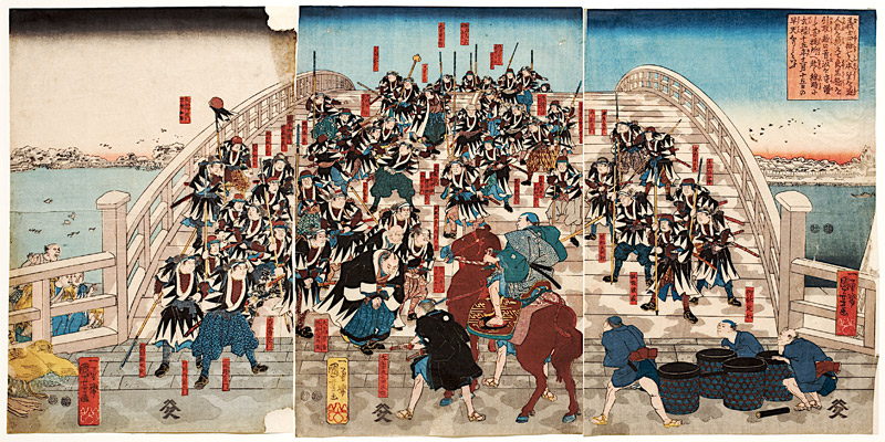 Die herrenlosen Samurai kehren über die Ryogoku-Brücke zurück van Utagawa Kuniyoshi