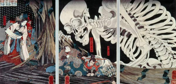 Mitsukini Defying the Skeleton Spectre, c.1845 (hand coloured woodcut print) van Utagawa Kuniyoshi