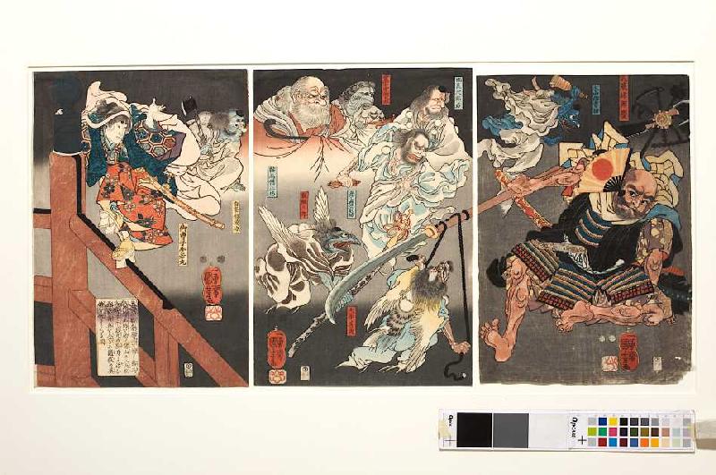 Auf der Brücke kämpfen Ushiwakamaru und der Tengu gegen Benkei van Utagawa Kuniyoshi