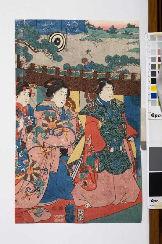 Ein Fest im Freien mit Bogenschießen im Hintergrund - Verso von 38251 van Utagawa Kuniyoshi