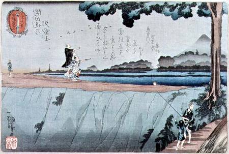 Mount Fuji from the Sumida River embankment, one of the views from Edo van Utagawa Kuniyoshi