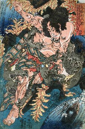 Rokusuke kämpft mit den Wassermännern (Aus einer unbetitelten Serie von Kriegerdarstellungen)