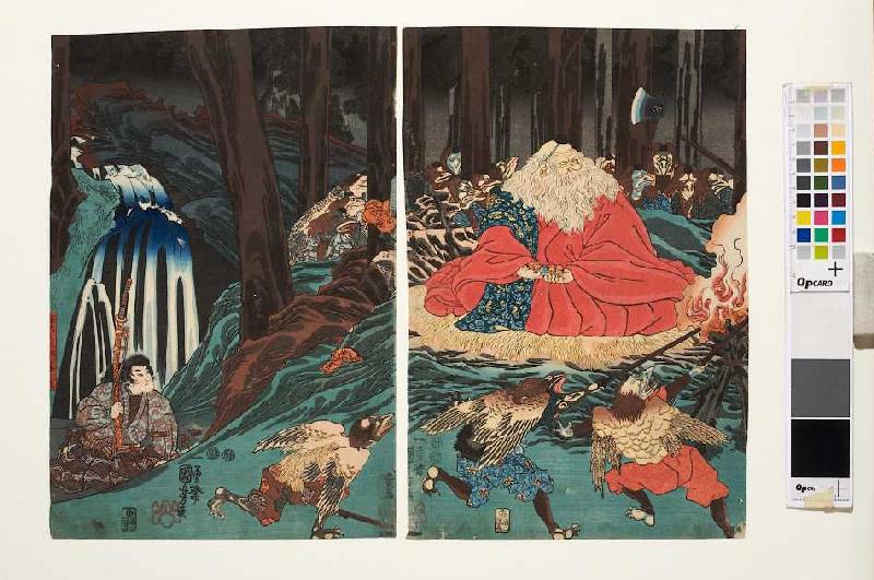 Ushiwakamaru folgt den Anweisungen des Sojobo und übt sich im Schwertkampf van Utagawa Kuniyoshi