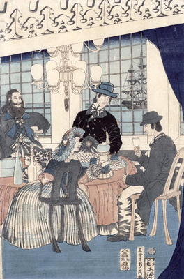 The salon of a house of foreign merchants at Yokohama, 1861 (colour woodblock print) van Utagawa Sadahide