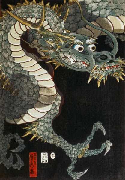 A dragon and two tigers - links van Utagawa Sadahide