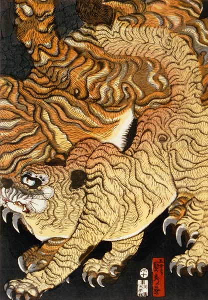 A dragon and two tigers - rechts van Utagawa Sadahide
