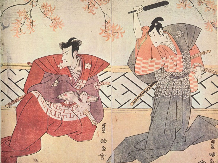 The actors Ichikawa Komazo and Bando Mitsugoro II (Diptychon) van Utagawa Toyokuni