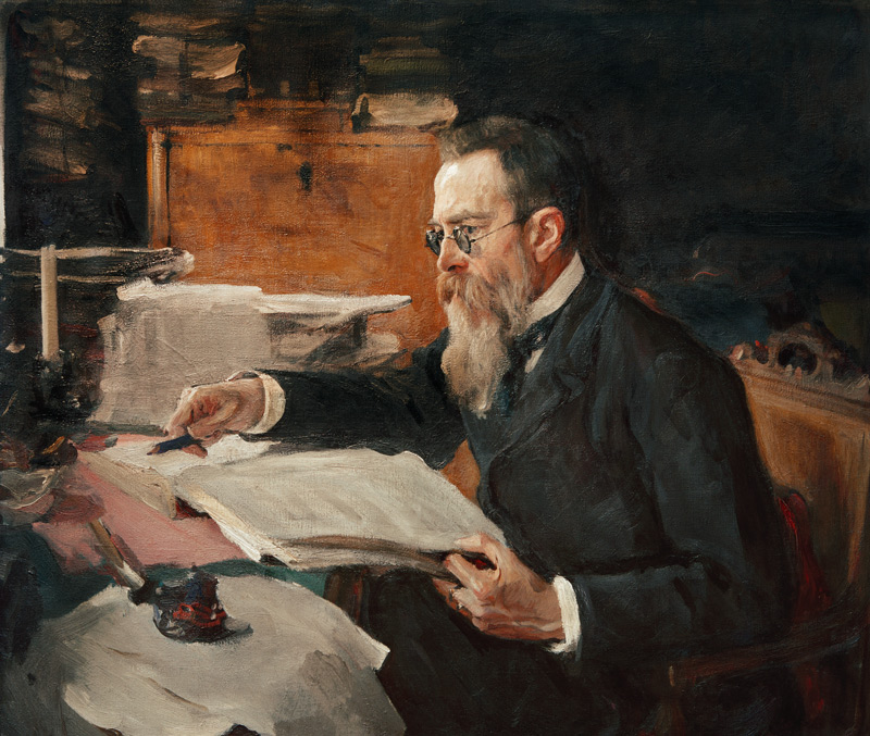 Portrait of the composer Nikolai Rimsky-Korsakov (1844-1908) van Valentin Alexandrowitsch Serow