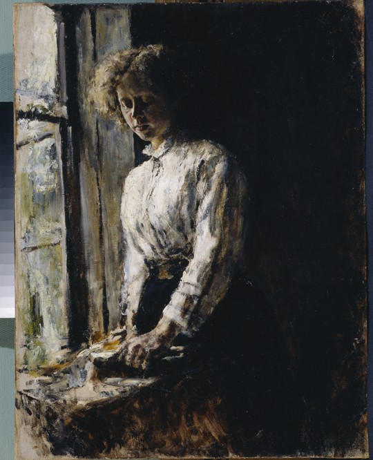 At the window. Portrait of Olga Fyodorovna Trubnikova van Valentin Alexandrowitsch Serow