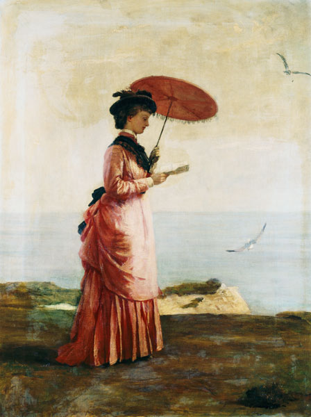 Frau mit Sonnenschirm am Strand der Insel Wight, ein Buch lesend (Emily Prinsep) van Valentine Cameron Prinsep