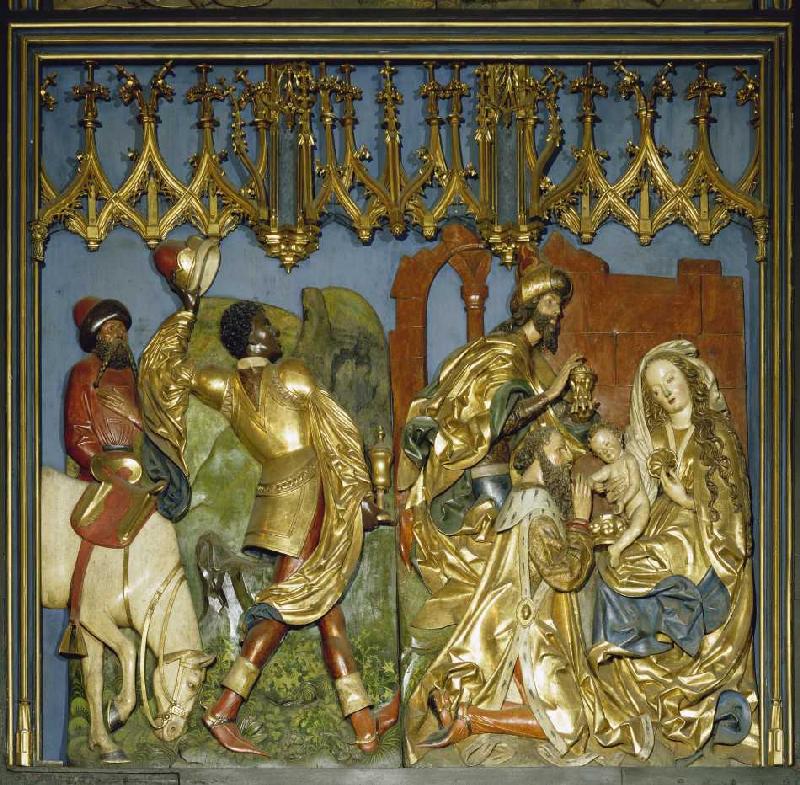 Der Krakauer Marienaltar: Die Anbetung der Heiligen Drei Könige (linkes unteres Flügelrelief) van Veit Stoß
