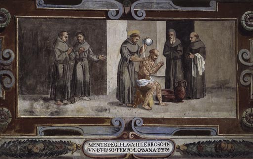 Der Heilige Franziskus pflegt einen Aussaetzigen van Vetralla Latium