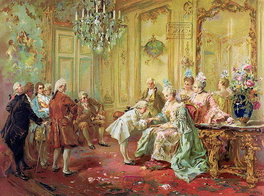 The presentation of the young Mozart to Mme de Pompadour at Versailles in 1763 (colour litho) van Vicente de Paredes