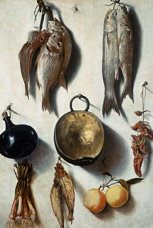 A Trompe L'Oeil of Fish, Cooking Utensils, Vegetables and Fruit van Vicente Victoria or Vitoria