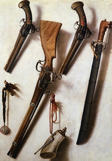 Trompe L''Oeil with Rifles, Sword and Gunpowder Horn van Vicente Victoria or Vitoria