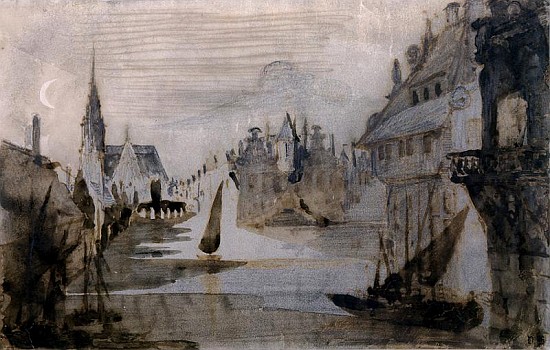 A Port in Flanders (pen & ink, pencil and wash on paper) van Victor Hugo