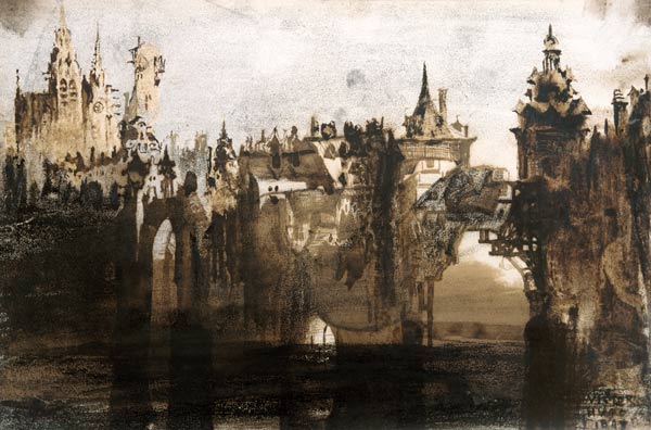 Town with a Broken Bridge (graphite, India ink and sepia on van Victor Hugo