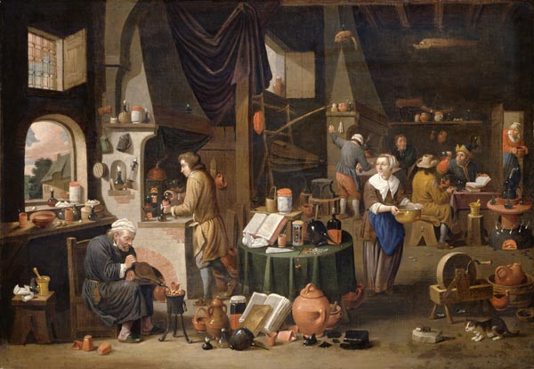Interior with an alchemist and his assistants. van Victor Mahu