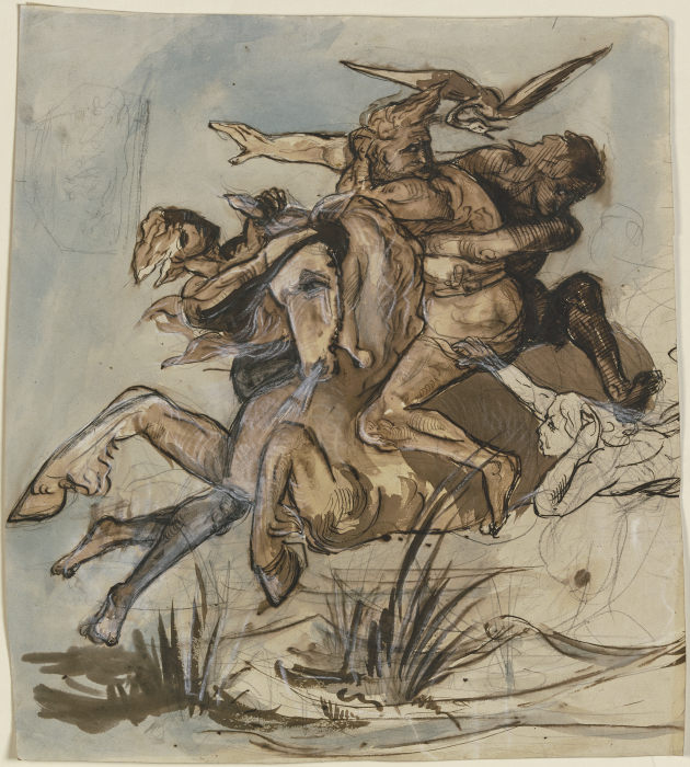 Bärtiger Mann in Begleitung eines Vogels auf einem Pferd im gestreckten Galopp, drei Gestalten suche van Victor Müller