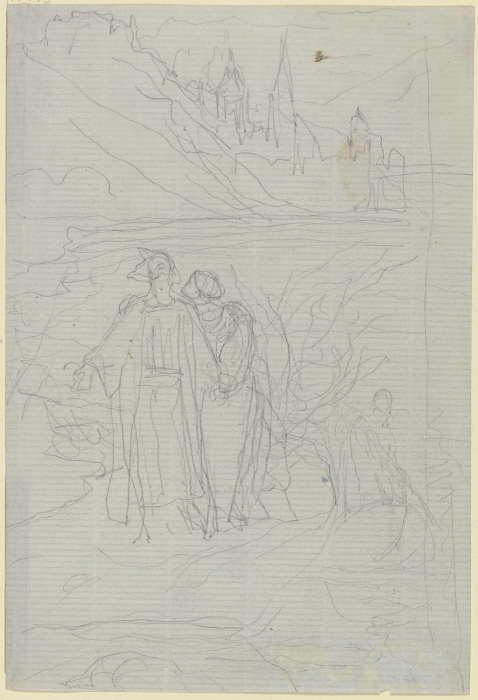 Schreitendes Paar am Ufer, rechts ein Kahn mit Schiffer van Victor Müller