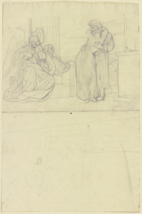 Trauerndes Paar am Bett eines sterbenden Greises,  links sitzend ein geigender Engel, darunter flüch van Victor Müller