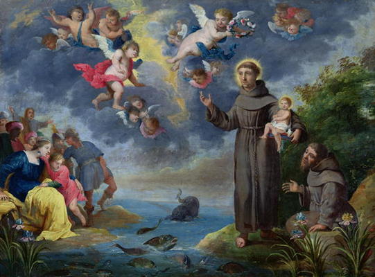 St. Anthony of Padua Preaching to the Fish (oil on copper) van Victor Wolfvoet