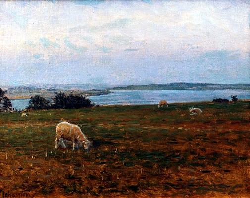 Sheep Grazing, Osterby, Skagen (oil on canvas) van Viggo Johansen