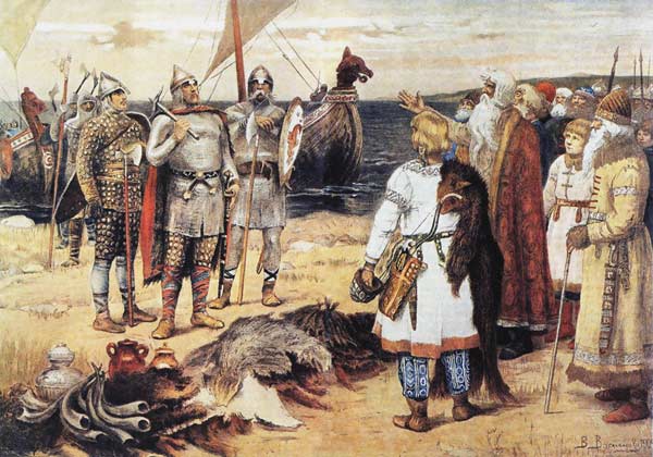 The Invitation of the Varangians: Rurik and his brothers arrive in Staraya Ladoga van Viktor Michailowitsch Wasnezow