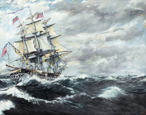 USS Constitution heads for HM Frigate Guerriere 19/08/1812 van Vincent Alexander Booth