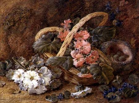 A bird's nest and a basket of flowers van Vincent Clare