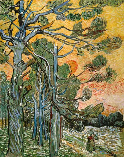 Kiefern mit untergehender Sonne und weiblicher Figur van Vincent van Gogh