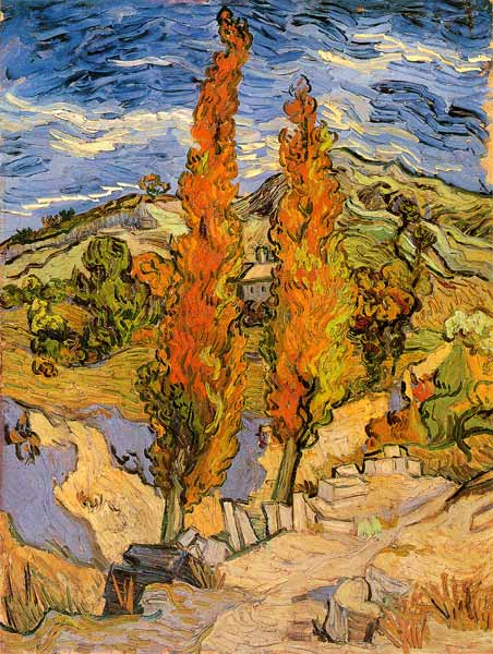 Twee populieren langs een pad door de heuvels  van Vincent van Gogh