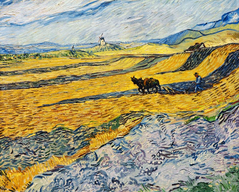 Acker mit pflügendem Bauern und Mühle van Vincent van Gogh
