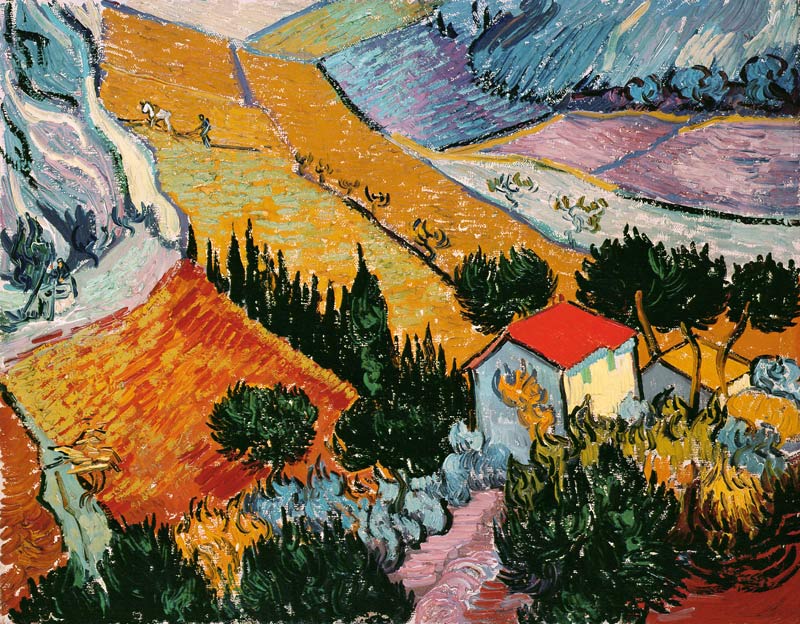 Landschap met huis en ploeger  van Vincent van Gogh