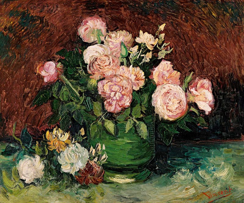 Schaal met pioenrozen en rozen van Vincent van Gogh