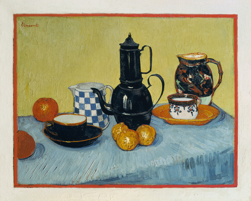 Stilleven met koffiepot, serviesgoed en fruit van Vincent van Gogh