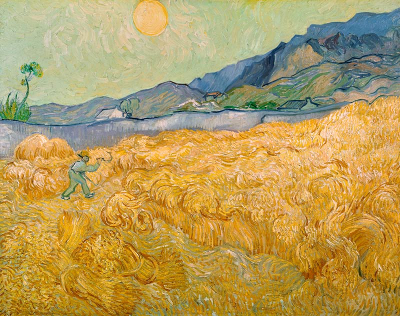 Tarweveld met maaier bij opkomende zon van Vincent van Gogh