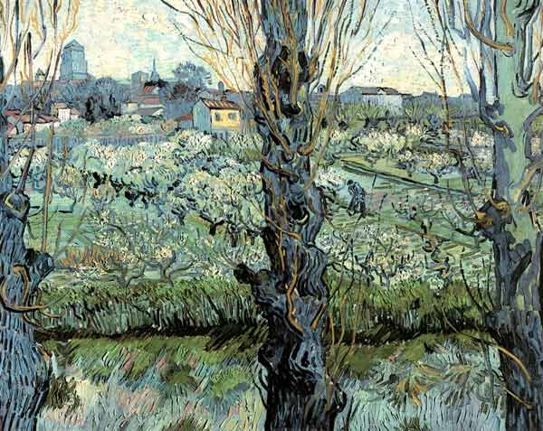 Boomgaard in bloei met uitzicht op Arles Vincent van Gogh van Vincent van Gogh
