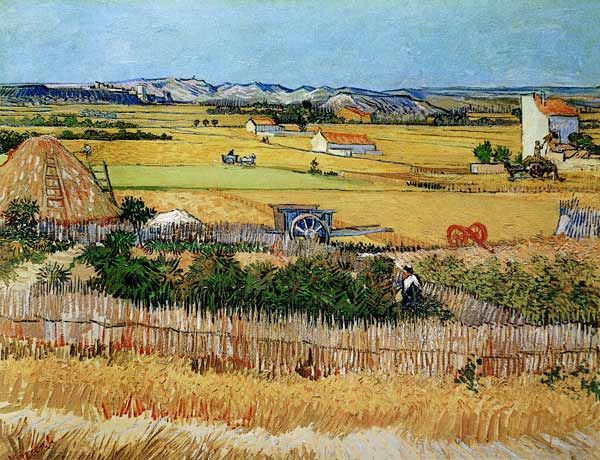 Oogsten bij La Crau bij Arles met Montmajour op de achtergrond  van Vincent van Gogh