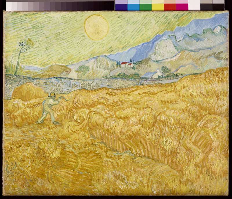 Die Ernte, Kornfeld mit Schnitter (La moisson) van Vincent van Gogh
