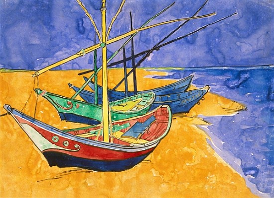 Fishing Boats on the Beach at Saintes-Maries-de-la-Mer (pen & ink with w/c on paper) van Vincent van Gogh