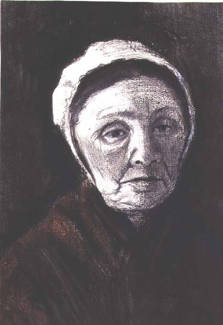 Head of an old woman in a Scheveninger cap, 1882-83 (charcoal, black and brown van Vincent van Gogh