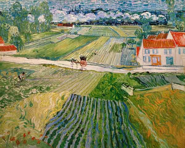 Landschaft mit Pferdewagen und Zug im Hintergrund van Vincent van Gogh