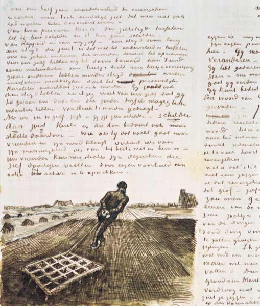 Man pulling a harrow (pen) van Vincent van Gogh