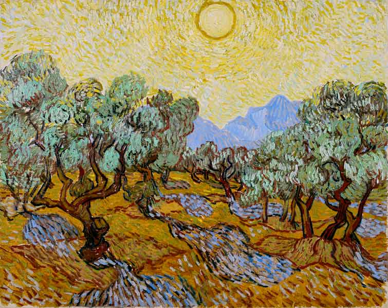 Olijfbomen met gele hemel en zon  van Vincent van Gogh