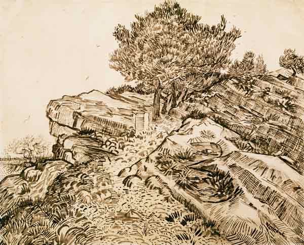 V.v.Gogh, Rock of Montmajour /Draw./1888 van Vincent van Gogh