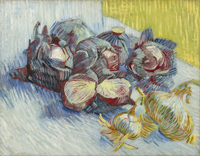 Still life with red cabbage and onions van Vincent van Gogh