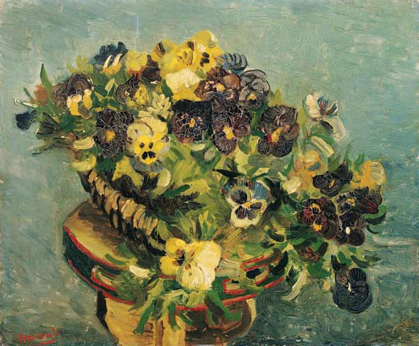 Basket of pansies on a small table van Vincent van Gogh
