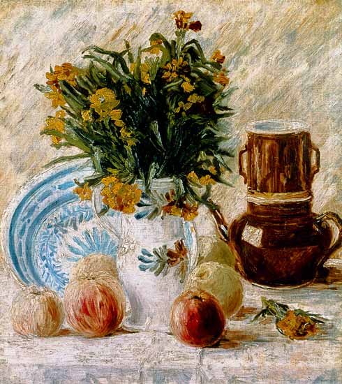 Vase of flowers with a coffee pot and fruit van Vincent van Gogh
